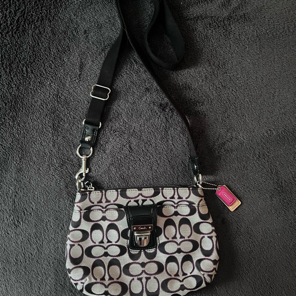 Coach Signature Black and Gray Crossbody Bag with Adjustable Strap